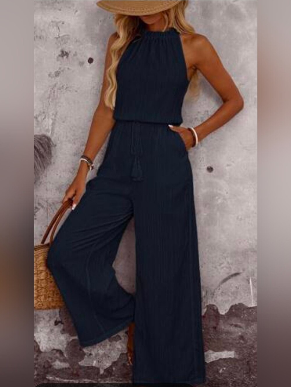 LOFT Navy Halter Wide-Leg Jumpsuit